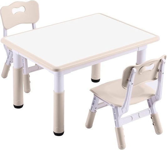 Kids Table and 2 Chairs Set, Height-Adjustable Toddler Table and Chair Set with Graffiti Desktop, 31.5''L x 23.6''W Children Activity Table for Daycare, Classroom, Home