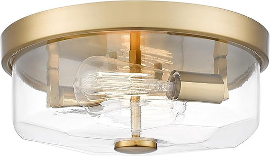 Gold Flush Mount Ceiling Light, 2-Light Hallway Light Fixtures, Modern Farmhouse Farmhouse Ceiling Light Clear Glass Brushed Gold Finish for Kitchen Porch Entryway