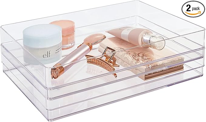 STORi SimpleSort 2-Piece Stackable Clear Drawer Organizer Set | 12" x 9" x 2" Rectangle Trays | Wide Makeup Vanity Storage Bins and Office Desk Drawer Dividers | Made in USA