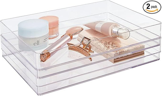 STORi SimpleSort 2-Piece Stackable Clear Drawer Organizer Set | 12" x 9" x 2" Rectangle Trays | Wide Makeup Vanity Storage Bins and Office Desk Drawer Dividers | Made in USA
