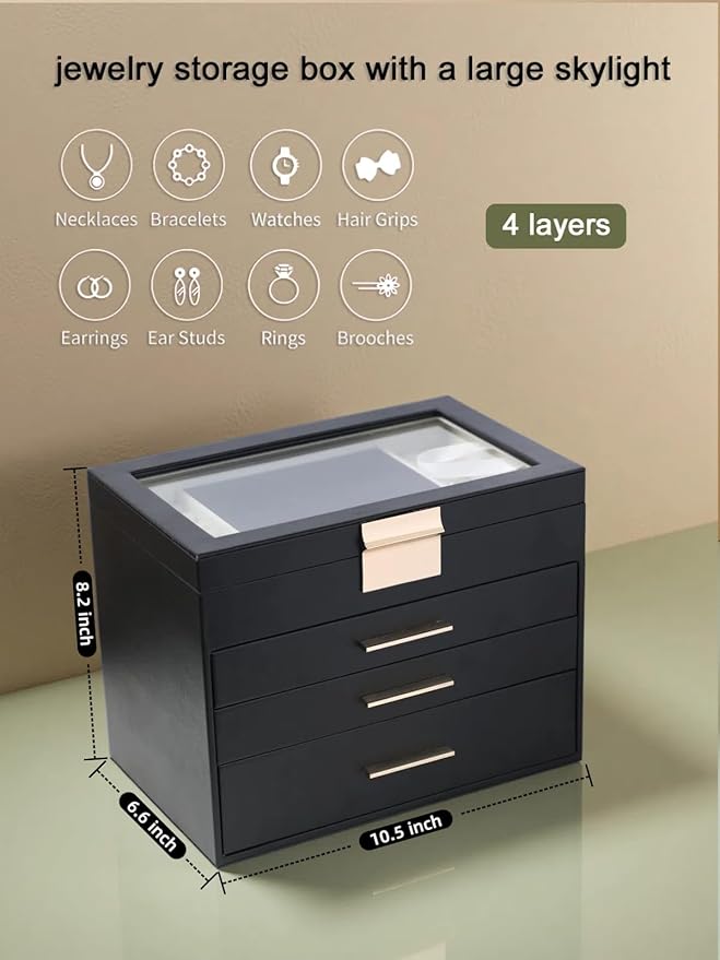 BOOVO Jewelry Boxes for Women, White and Black 4 Layer Large Jewelry Box for Necklace, Bracelet, Earrings, Rings Storage, Jewelry holder Organizer for Girls Gift (Clear Black, 4 layer)