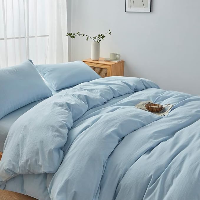 FACE TWO FACE Bedding Duvet Cover Set100% Washed Cotton Duvet Cover Linen Like Textured Breathable Durable Soft Comfy (King, Light Cyan)