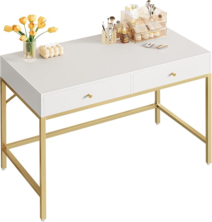 SUPERJARE 39.4" White and Gold Desk with 2 Drawers, Modern Makeup Vanity Desk, Small Computer Desk Home Office Desk for Writing Study Bedroom