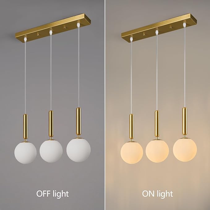Modern Gold Pendant Light Hanging Fixture Light for Kitchen Island Mid Century with Globe Pendant Light Milk White Glass Pendant Lighting for Living Room Bedroom Entryway (3-Light)