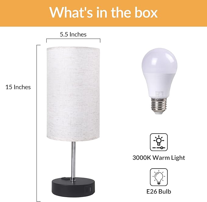 Touch Table Lamp for Bedroom, 3 Way Dimmable Bedside Lamp with USB C+A Ports and Linen Shade, Small Lamps for Night Stands Living Room Office, LED Bulb Included (Beige)