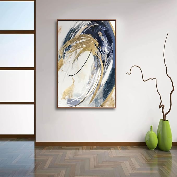SDYA Gold Wall Decor Living Room Abstract Wall Art Blue Paintings Bedroom Aesthetic Frame Wall Decorations Large Artwork for Home Office 24x36 Inch