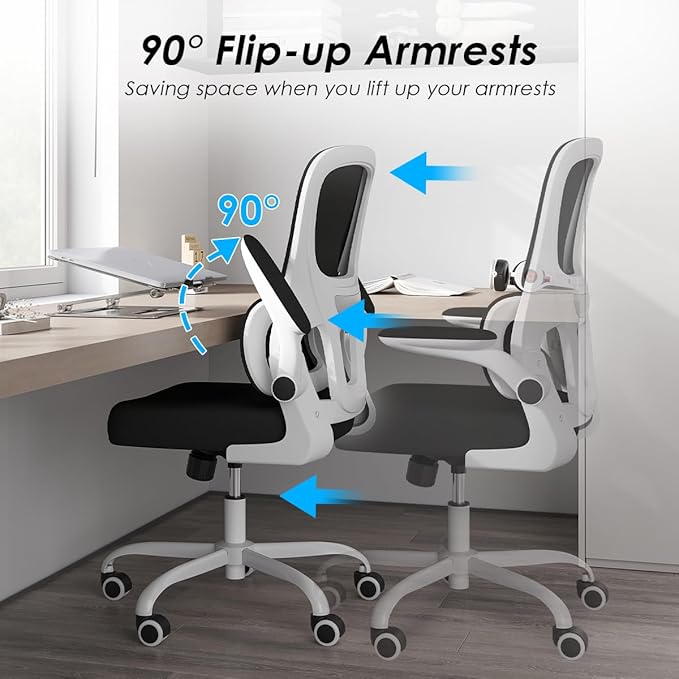 Soohow Office Chair, Mesh Ergonomic Office Chair with Lumbar Support, Comfy Computer Desk Chair with Flip Armrest Rolling Wheels for Home Study Room Office, White & Black