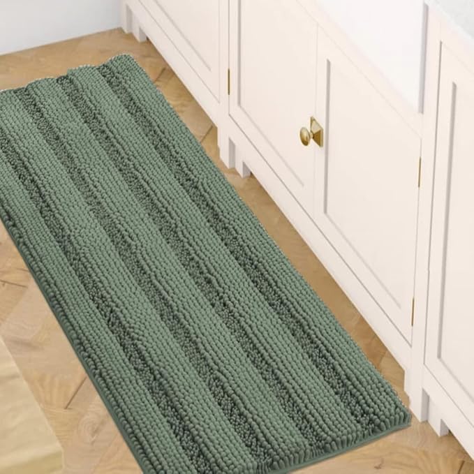H.VERSAILTEX Bath Rugs for Bathroom Non Slip Bath Mats Extra Thick Chenille Striped Bath Rug Runners 47" x 17" Absorbent Fluffy Soft Shaggy Mats Dry Fast Plush Area Carpet for Bath Room - Green Bay