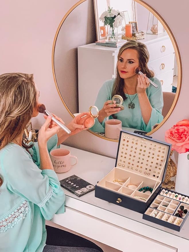 Jewelry Box Organizer for Women, Earring Organizer Holder with PU Leather for Birthday Christmas and New Year Gifts-Navy Blue