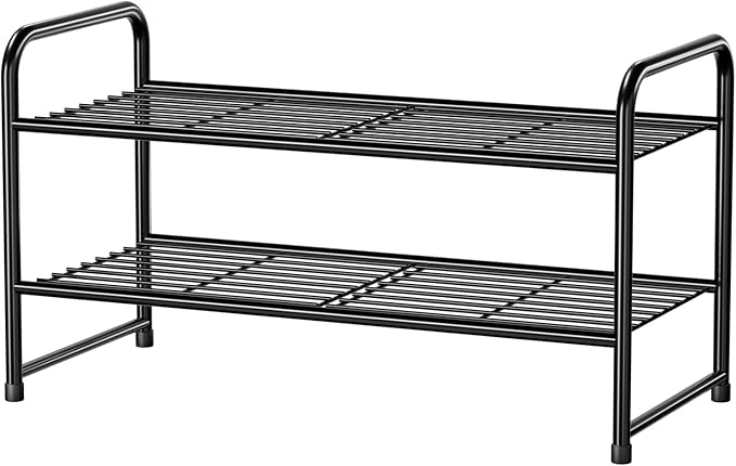 2-Tier 27” Wide Shoe Rack for Closet, Metal Stackable Shoe Shelf Organizer, Black