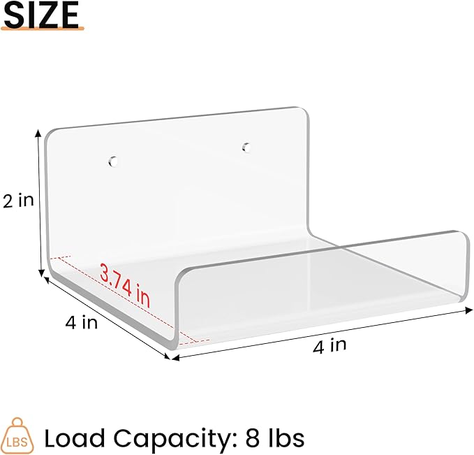 upsimples 6 Pack Acrylic Small Shelves, Floating Wall Shelves for Small Space, Display Shelf Organizer for Plants, Speaker, Toys, 4'' x 4'', Clear