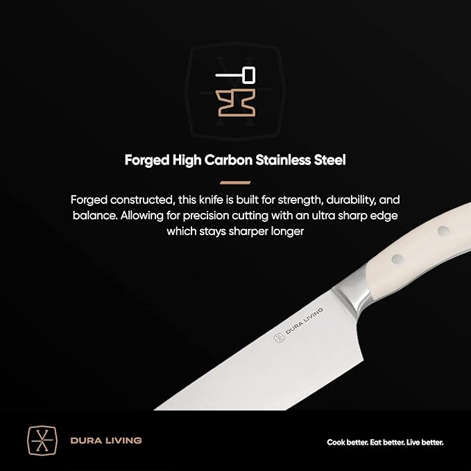 8-Inch Chef Knife – Ultra-Sharp German High Carbon Stainless Steel, Full Tang, Ergonomic Handle, Multipurpose Kitchen Knife for Chopping, Slicing, and Dicing, Cream