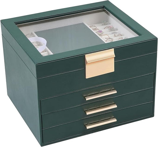BOOVO Clear Lid Jewelry Box,4 Layers Jewelry Organizer Large Jewelry Storage Box with 3 Drawers,Jewelry Holder Organzier of Rings Earrings Necklace Bracelets for Women (Dark Green, 4 Layer)