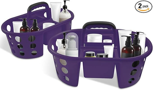 Large Shower Caddy Portable 2PC - Made in USA Plastic Jumbo Size Dorm Storage Candy Tote with Handle Shower Organizer for Bathroom, Pantry, Kitchen, College Dorm, Purple