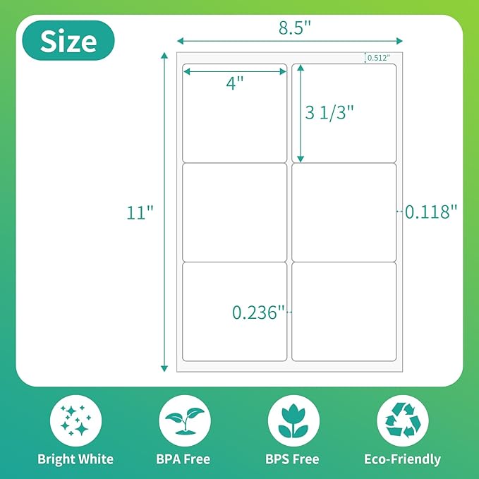 6 UP Labels, 4" x 3-1/3" Shipping Address Labels for Laser Inkjet Printer, Self Adhesive, Blank Mailing Sticker Printer Paper (500 Sheet=3000)