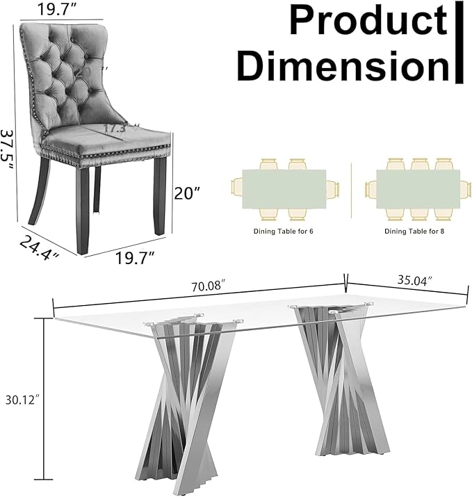 Goujxcy 70" Glass Dining Table Set for 4, Modern Silver Dining Table Set with 4 Beige Velvet Upholstered Dining Chairs, 5 Piece Kitchen Dining Room Table Set with Stainless Steel Legs