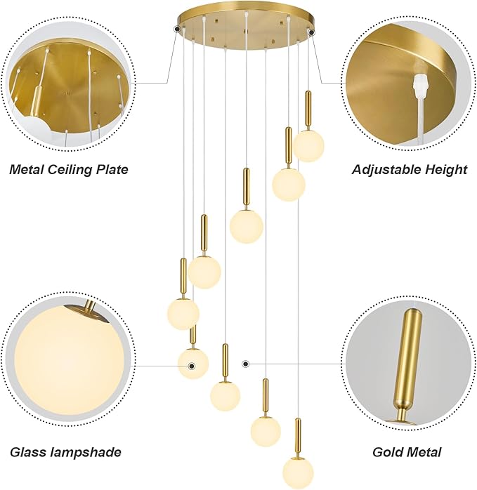 9-Lights Gold Chandelier with Milk White Glass Mid Century Modern Globe Pendant Light for Foyer Living Room Entryway Hallway