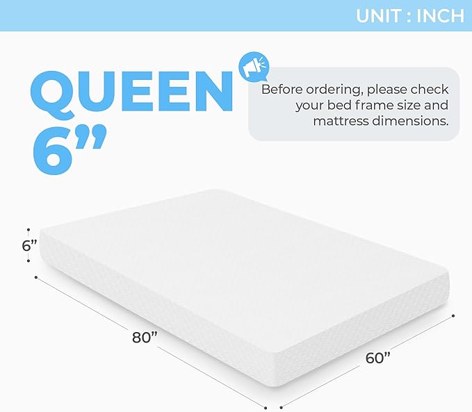 Neo Sleep 6 Inch Queen Cooling Gel Memory Foam Mattress Medium Firm CertiPUR-US Certified Foam, Mattress in a Box Enhanced Pressure Relief Removable Soft Cover No Fiberglass (Queen, 6 in)