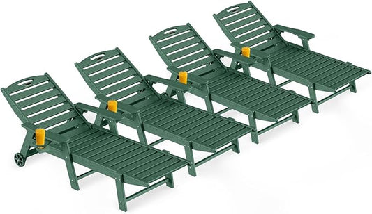 Outdoor Lounge Chair Set of 4, All Weather Patio Chaise Lounge Chair for Outside, HDPE Chair with Rolling Wheels & Cup Holder, 5 Position, Deck, Pool, Green