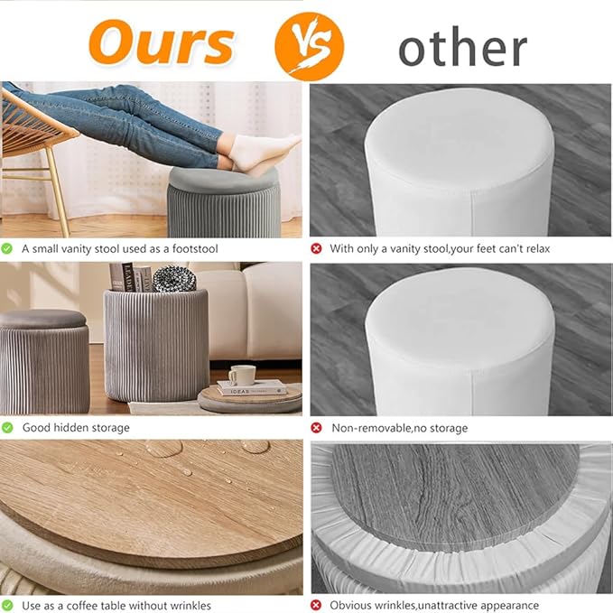 Round Set of 2 Ottoman with Storage-Upholstered Velvet Vanity Stool for MakeupMultifunctional Ottomans Coffee Table Padded Seat Foot Rest for Living Room&Bedroom(Ligth Grey)