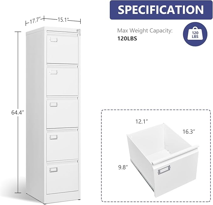 5 Drawer File Cabinet with Lock, Metal Filing Cabinets, 5-Vertical Filing Cabinet,Steel Lockable Storage Cabinets for Home Office to Organization Hanging Letter/Legal/F4/A4,White