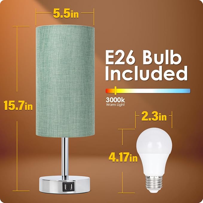 Yarra-Decor Bedside Lamp with USB Port - Touch Control Table Lamp for Bedroom 3 Way Dimmable Nightstand Lamp with Round Denim Fabric Shade for Living Room, Dorm, Home Office (LED Bulb Included)