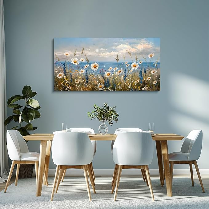 Wapluam Blue Ocean Canvas Wall Art for Living Room Wall Decor For Bedroom Bathroom Decoration Abstract Natural Seascape Painting Modern Office Wildflowers Artwork Pictures Home Decor Ready To Hang