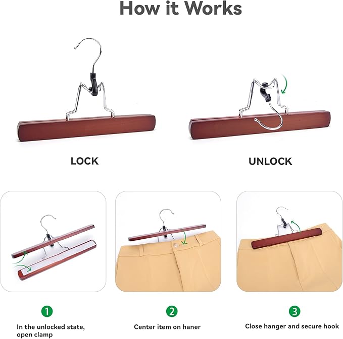 Nature Smile Wooden Pants Skirt Hangers, Smooth Finish Solid Wood Non Slip Jeans Slack Clamp Hangers Hair Extension Hangers (10 Pack Cherry)…