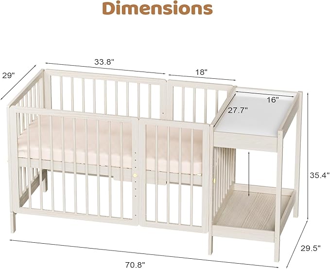 JOYMOR 8 in 1 Convertible Crib with Changer, Include 2” Mattress, Converts to Bassinet, Mid Crib, Full Size Crib, Daybed,Toddler Bed and Playard (Crib with Changer, Washed Natural)
