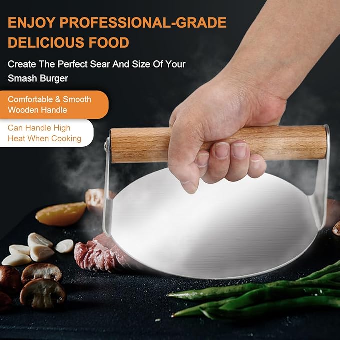 Burger Press Round Stainless, Wood & Anti - Scald Handles (Round)