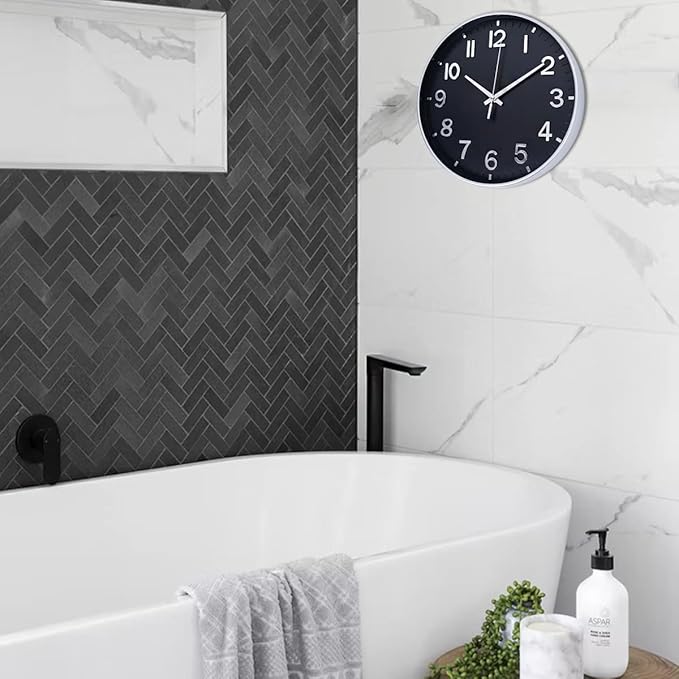 HZDHCLH Modern Wall Clocks Battery Operated,12 inch Silent Non Ticking Round Clock for Wall,Wall Clock for Kitchen Bedroom Living Room Office Classroom Decor (Black and Silver)