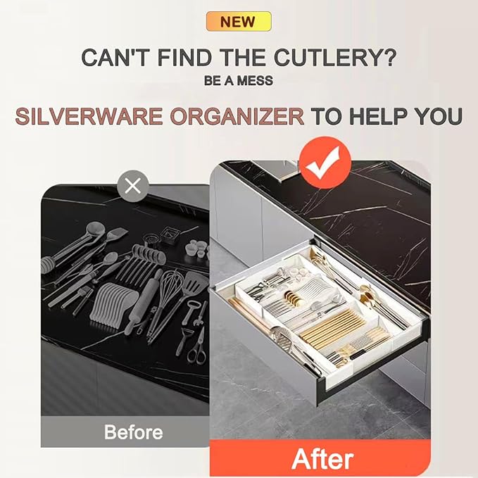 Silverware Drawer Organizer - Expandable Deep Utensil Organizer for Kitchen Drawers(Black)
