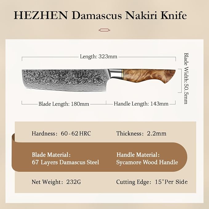 HEZHEN 7 inch Nakiri Knife Japanese High Carbon Steel-Super Durable Cooking Knife-67 Layers of Damascus Steel Sharp Blade -Ergonomic Design for Figured Sycamore Wood Handle
