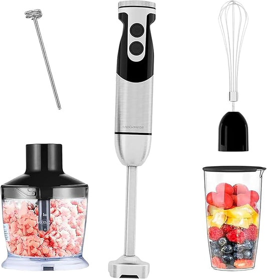 MegaWise Pro Titanium Reinforced 5-in-1 Immersion Hand Blender, Powerful Motor with 80% Sharper Blades, 12-Speed Corded Blender, Including 500ml Chopper, 600ml Beaker, Whisk and Milk Frother (Black)