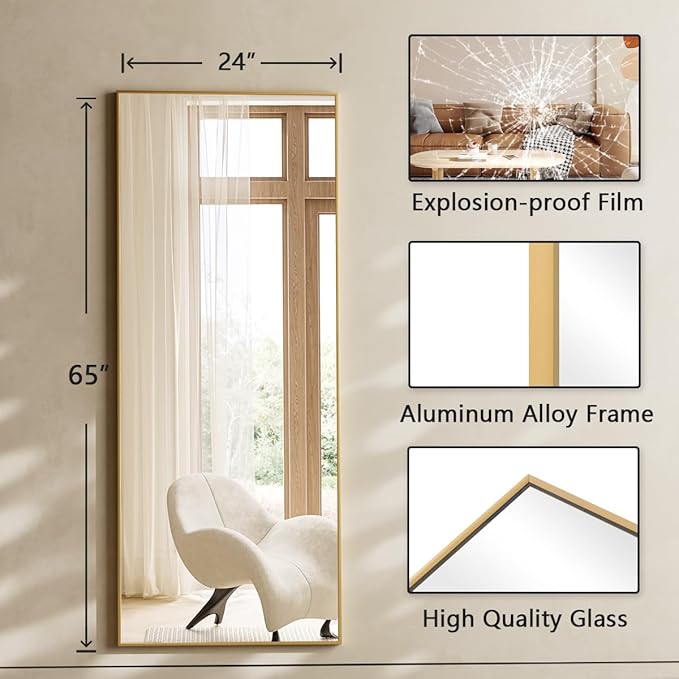 Koonmi Large Mirrors for Wall, 65"x24" Full Length Mirror with Stand, Full Body Mirror with Aluminum Alloy Frame, Hanging or Leaning Against Wall, Floor Standing Mirrors for Bedroom Living Room, Gold
