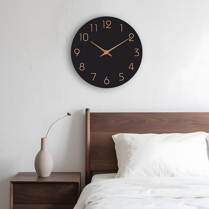Mosewa Wall Clock 14 Inch Black Battery Operated Silent Non Ticking Simple Minimalist Rose Gold Numbers Decorative for Bedroom Living Room Kitchen Home Office
