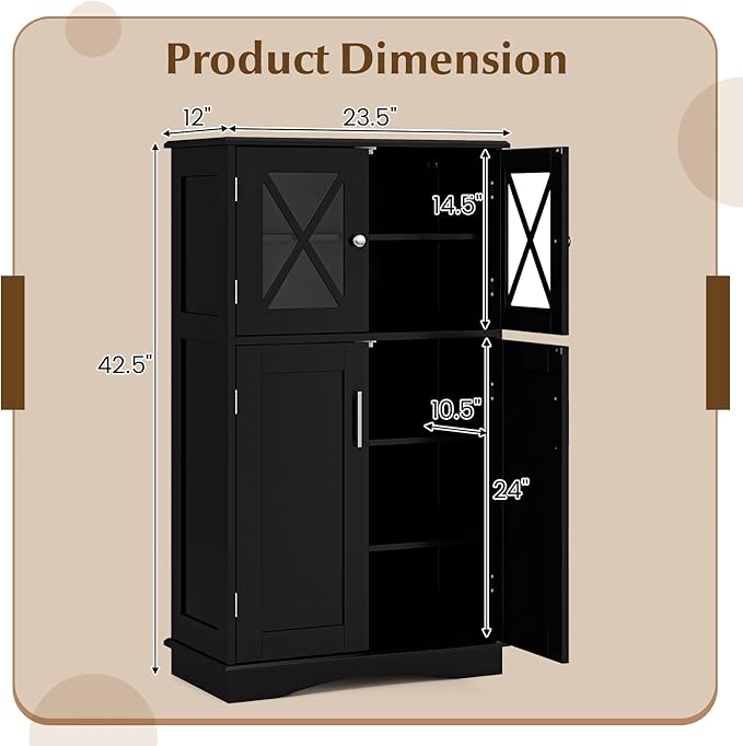 Tangkula Freestanding Floor Cabinet w/2 Glass Doors, 3-Level Adjustable Shelves, Anti-toppling Design, Kitchen Pantry Cupboard for Bathroom, Living Room (Black)