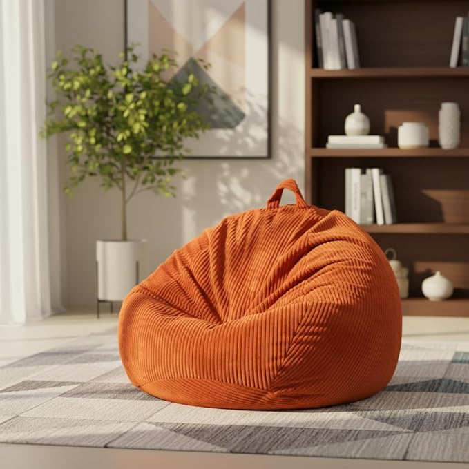 Stuffed Animal Storage Bean Bag Chair Cover, Cover Only (No Filler), Corduroy Toy Organizer Floor Cushion Seat, 48 in/120 cm Slipcover for Teens & Adults, Amber Color