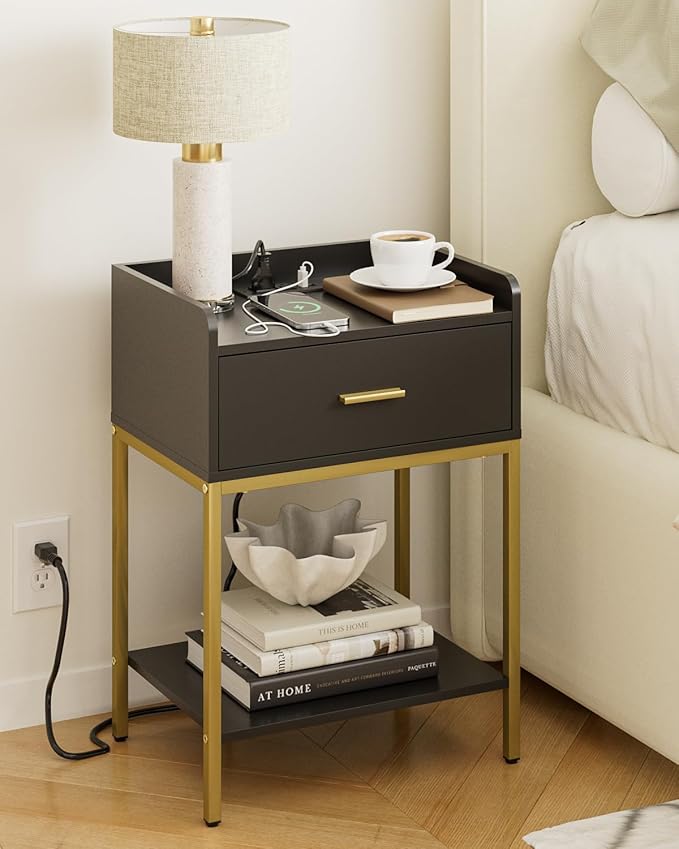 Masupu Nightstand with Charging Station,3-Tier Modern Bedside Night Stand with Storage Drawer and Shelf,Small End Side Table for Bedroom,Living Room,Gold and Black