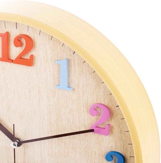 Topkey 12" Wooden Look Wall Clock Silent Non-Ticking 3D Numbers Colorful Decorative Round Clock for Living Room, Bedroom and Office Battery Not Included - Light Brown