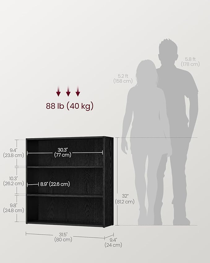 VASAGLE Custos Collection - Bookshelf, 3-Tier Bookcase, Book Shelf, Open Storage Shelf, 9.4 x 31.5 x 32 Inches, for Living Room, Home Office, Dinning Room, Ebony Black ULBC173T56