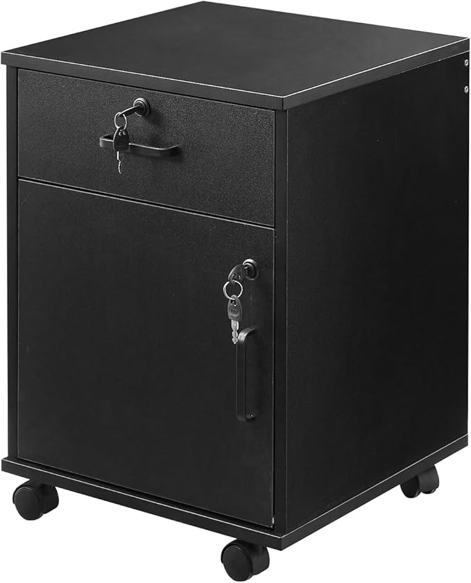 Mobile File Cabinet with Lockable Drawer & Door, Under Desk Storage Cabinet with 360°Swivel Wheels, Wooden Stationery Storage Cabinet for Legal/Letter/ A4 Documents (Black)