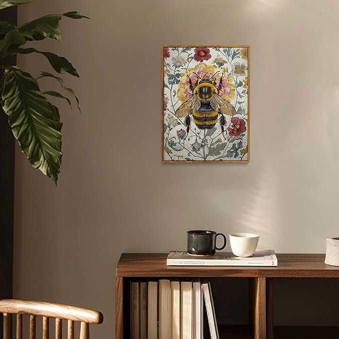 Djmwtb Vintage Framed Wall Art Bee Canvas Wall Art Prints Botanical Flower Painting Nature Pictures Artwork for Bedroom Living Room Office 12x16in