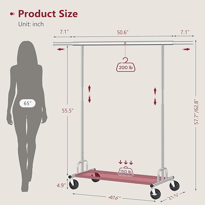 Tajsoon Clothing Rack Heavy Duty Clothes Rack Load 350 LBS, Rolling Clothes Racks for Hanging Clothes with Wheels & Extendable Rod, Collapsible Garment Rack with Bottom Shelf, Commercial, Chrome