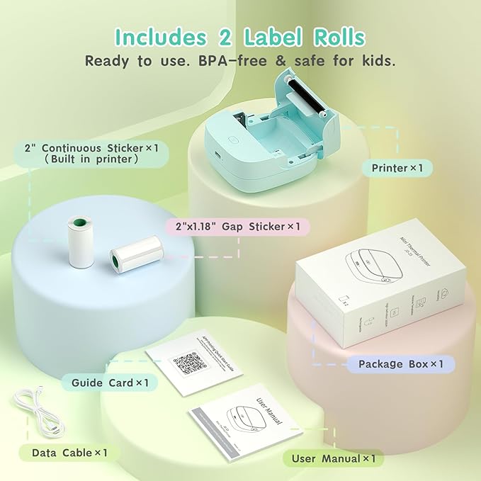 JD-23 Sticker Printer, Mini Portable Thermal Printer Print Pod, Inkless Bluetooth Label Maker Machine for DIY Crafts, Journaling, Office & Home Use, Includes 2 Rolls Sticker Paper