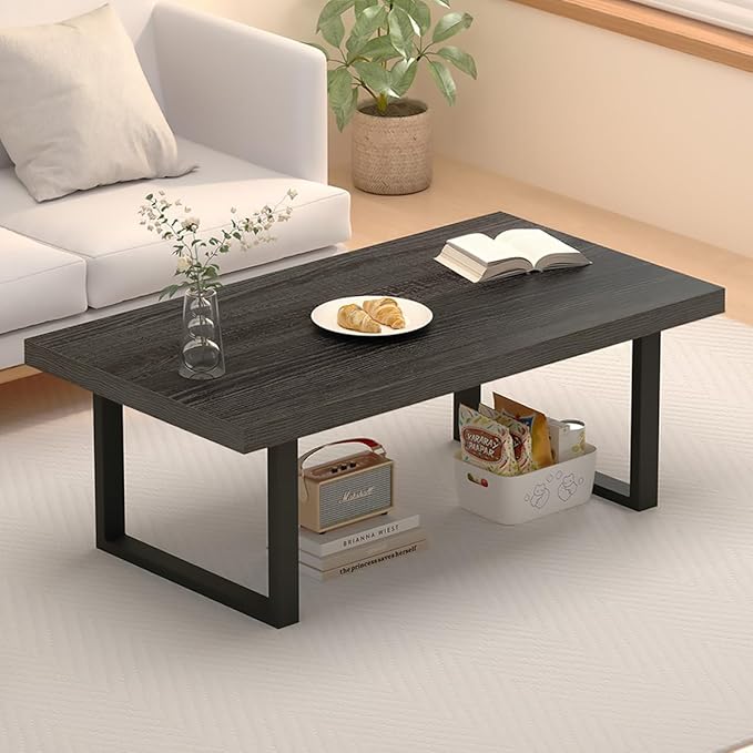 IBF Industrial Grey Coffee Table, Modern Simple Wood and Metal Center Tables, Minimalist Rectangle Wooden Living Room Table, Vintage Rustic Cocktail Tea Table for Home Bedroom, Dark Gray Oak, 39 inch