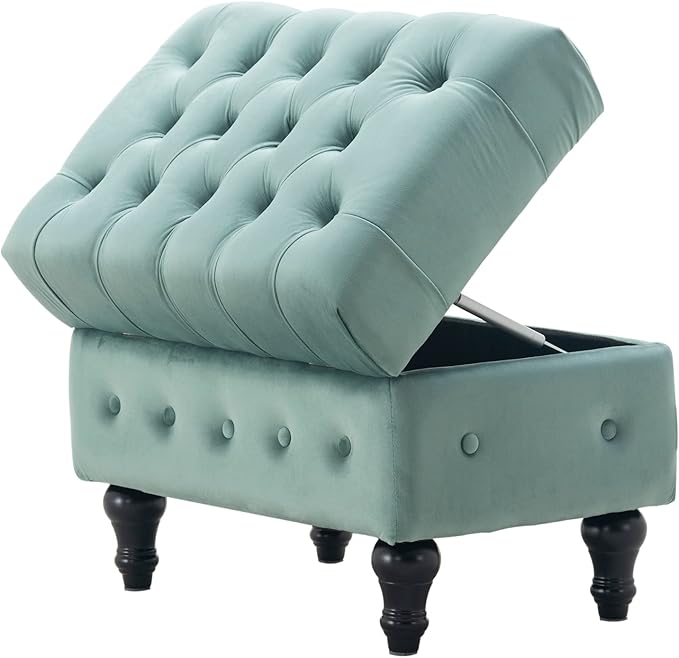 Artechworks Rectangular Storage Coffee Table Ottoman,Button Tufted Velet Upholstery Footstool Bedroom Ottoman for Living Room, Home Office, Space-Saving Storage Toy Box Stool, Light Blue