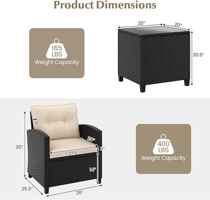 Tangkula 3 Piece Patio Furniture Set, Rattan Conversation Set w/Soft Seat & Back Cushions, Tempered Glass Topped Coffee Table, Cushioned Wicker Seating Set for Backyard, Porch, Poolside (Beige)