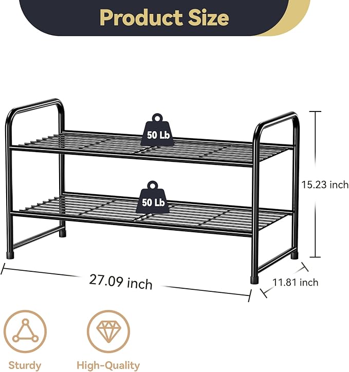 2-Tier 27” Wide Shoe Rack for Closet, Metal Stackable Shoe Shelf Organizer, Black
