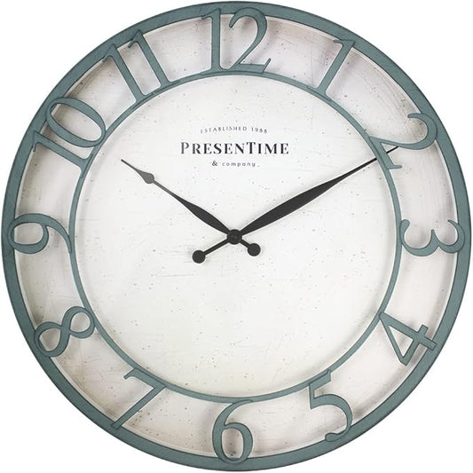 Presentime & Co 21" Farmhouse Series Wall Clock,Vintage Style, Retro Clock, Raised 3D Arabic Numeral, Aged Teal Finish. Wall Décor for Living Room and entryway.